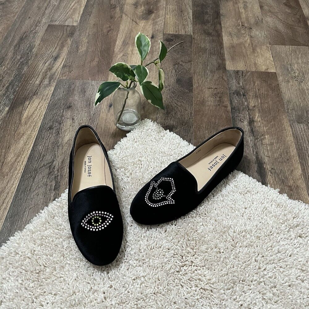 Jon Josef Size 6.5 Black Velvet Hamsa Hand Eye Motif Evil Eye Loafers Flats